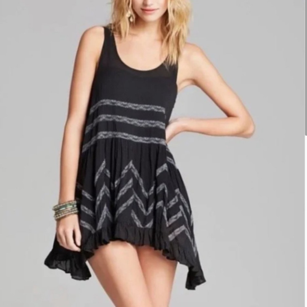Free People Intimately Voile and Lace Trapeze Black Mini Slip Swing Dress Small